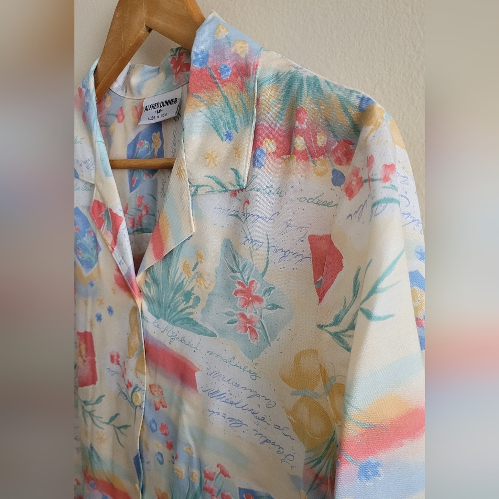 Vintage Alfred Dunner Floral Button Down Short Sleeved Blouse Women's 14, Cream - Picture 2 of 8